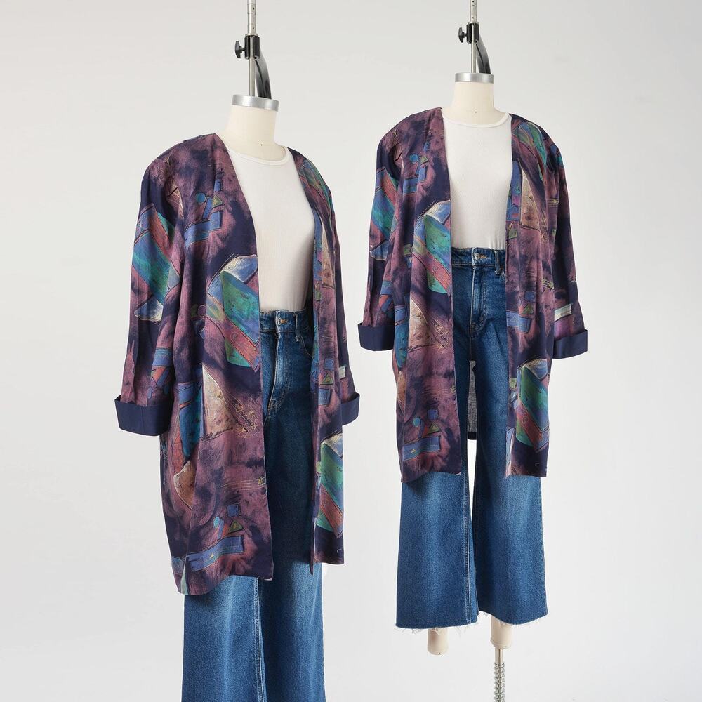 Vintage 80s Abstract Longline Jacket Open Front Kimono Geometric Duster L XL
